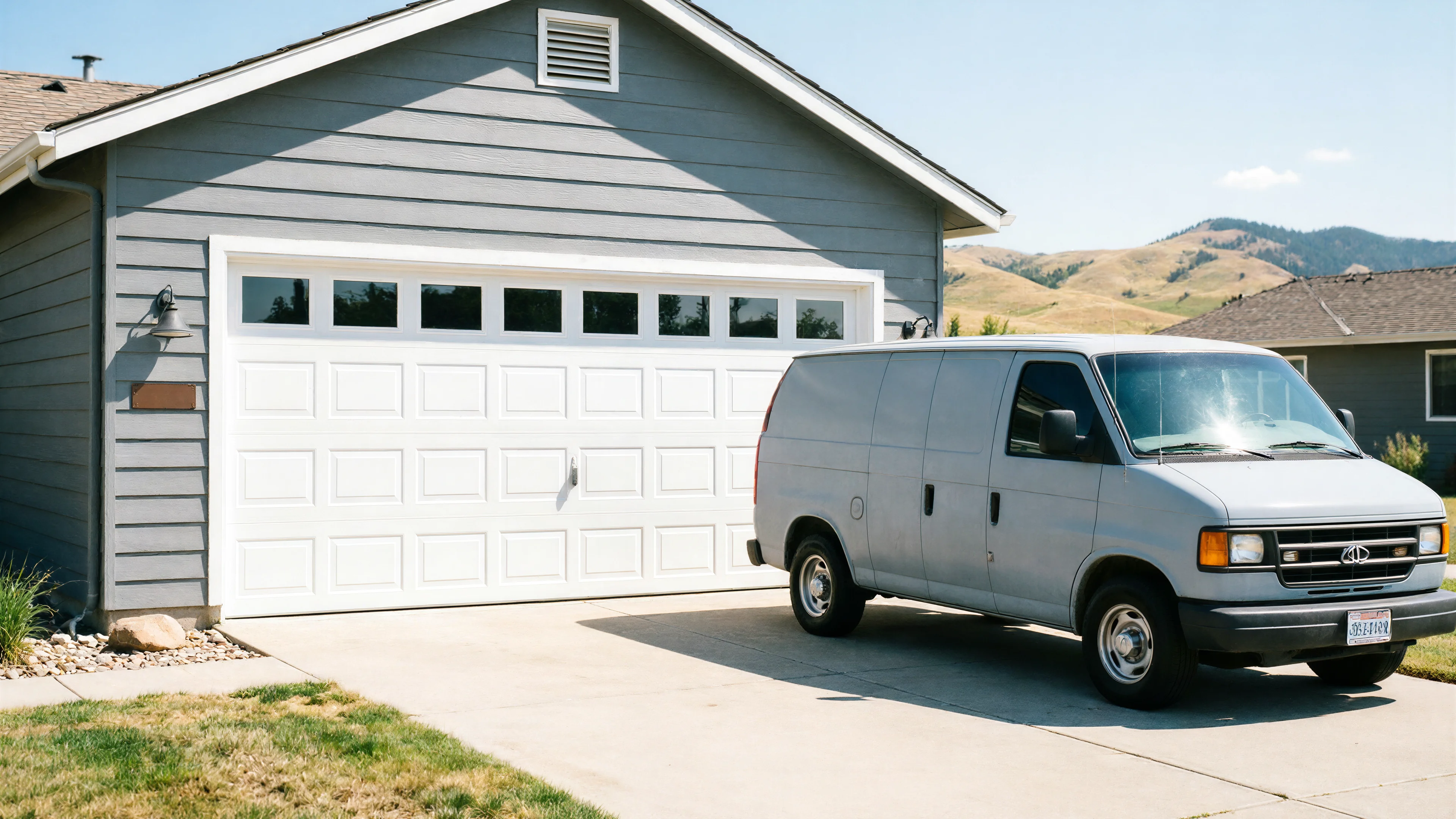 A light gray van is parked in a driveway in front of a white garage door.
